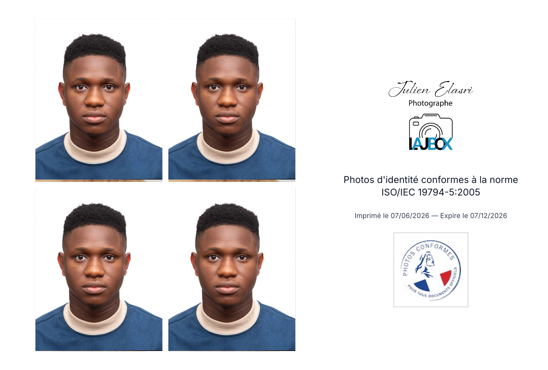 Exemple de planche de 4 photos d'identité conformes, avec logo et badge de conformité (visage anonymisé à titre d'illustration)